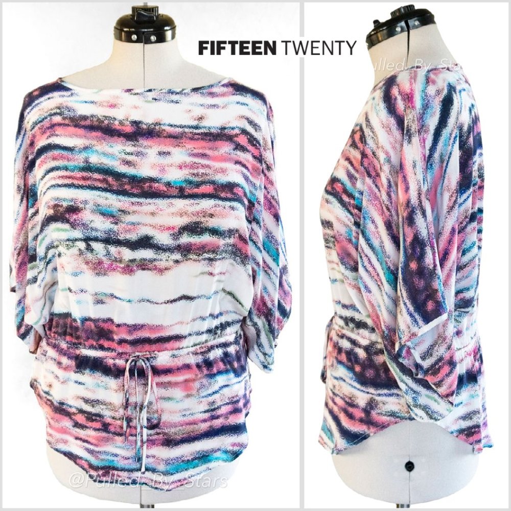 FIFTEEN TWENTY Colorful Silk Dolman Sleeve Relaxed-Fit Blouse + Drawstring Waist